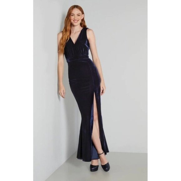 New Modcloth X Collectif Angel Navy Blue Velvet Maxi Dress Sleeveless Slit Sz 16 - Picture 1 of 9